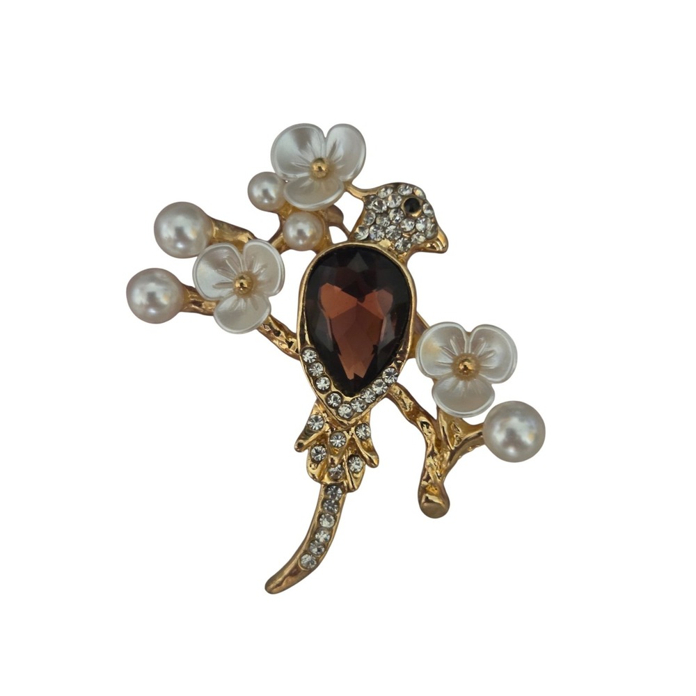 Pearl Rhinestone Tropical Bird-On-Branch Gold-Tone Fashion Brooch